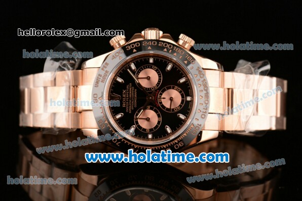 Rolex Daytona Chrono Swiss Valjoux 7750 Automatic Rose Gold Case with Stick Markers Black Dial and Black Ceramic Bezel - Click Image to Close