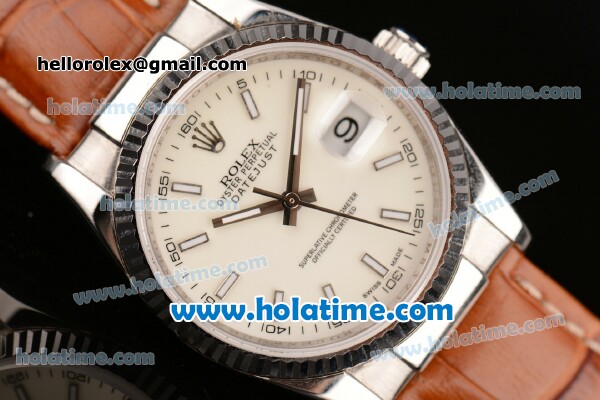 Rolex Datejust Swiss ETA 2836 Automatic Steel Case with White Dial and Brown Leather Strap - Click Image to Close