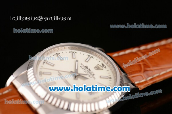 Rolex Datejust Swiss ETA 2836 Automatic Steel Case with White Dial and Brown Leather Strap - Click Image to Close