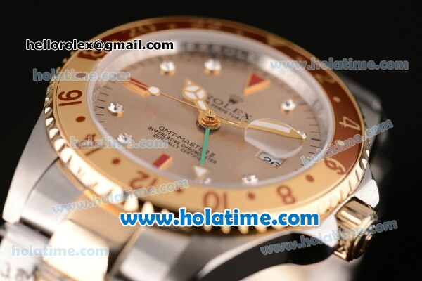 Rolex GMT-Master Vintage Swiss ETA 2836 Automatic Two Tone Case with Gold Dial and Diamond Markers - Click Image to Close