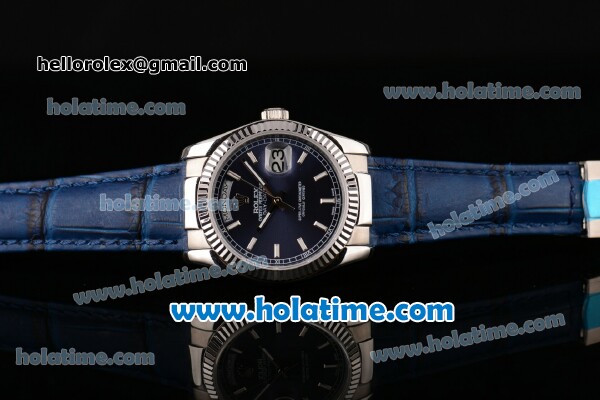 Rolex Day-Date Asia 2813 Automatic Steel Case with Blue Leather Strap Stick Markers and Blue Dial (BP) - Click Image to Close