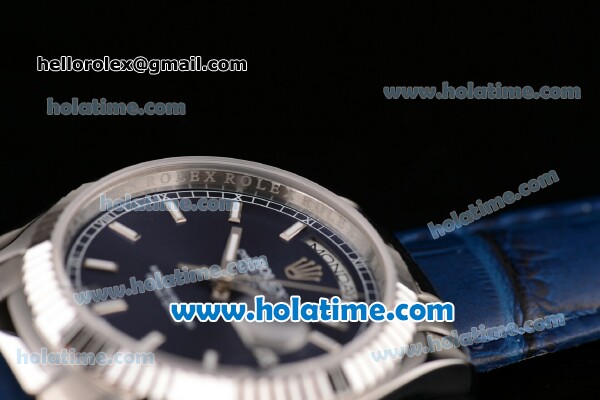 Rolex Day-Date Asia 2813 Automatic Steel Case with Blue Leather Strap Stick Markers and Blue Dial (BP) - Click Image to Close