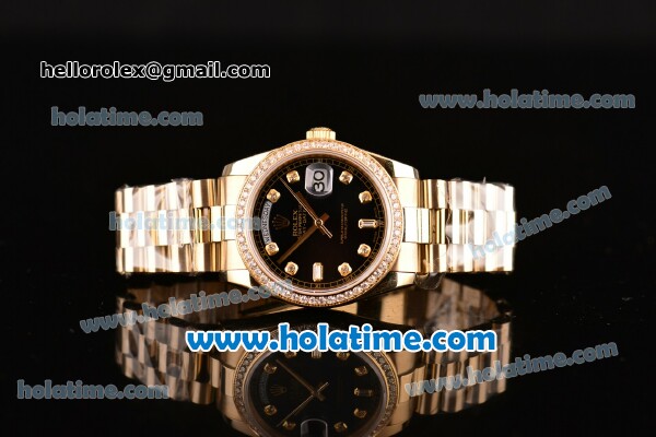 Rolex Day-Date Swiss ETA 2836 Automatic Full Yellow Gold with Diamond Bezel and Black Dial - Click Image to Close