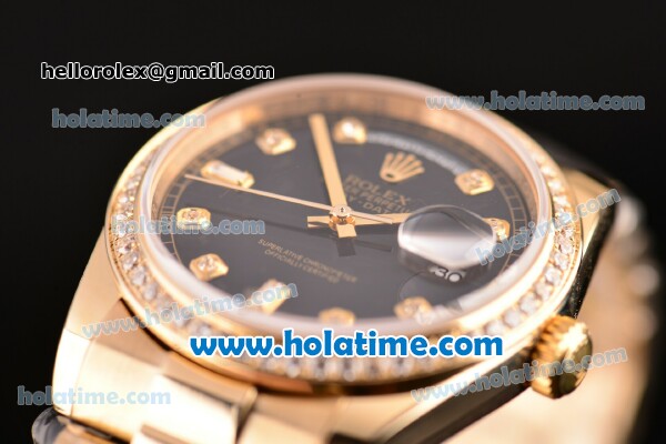 Rolex Day-Date Swiss ETA 2836 Automatic Full Yellow Gold with Diamond Bezel and Black Dial - Click Image to Close