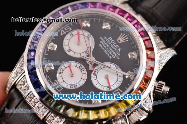 Rolex Daytona Rainbow Asia 3836 Automatic Steel/Diamond Case with Black Leather Strap Colorful Diamond Bezel and Black Dial (BP) - Click Image to Close