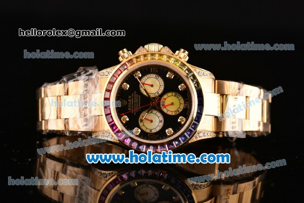 Rolex Daytona Rainbow Asia 3836 Automatic Yellow Gold Case/Strap with Colorful Diamond Bezel and Black Dial (BP) - Click Image to Close