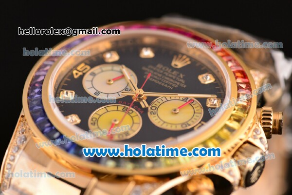 Rolex Daytona Rainbow Asia 3836 Automatic Yellow Gold Case/Strap with Colorful Diamond Bezel and Black Dial (BP) - Click Image to Close
