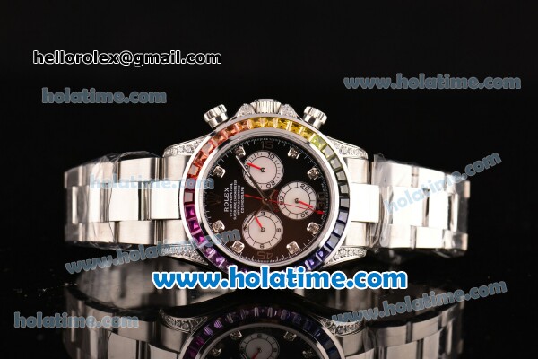 Rolex Daytona Rainbow Asia 3836 Automatic Steel Case/Strap with Colorful Diamond Bezel and Black Dial (BP) - Click Image to Close