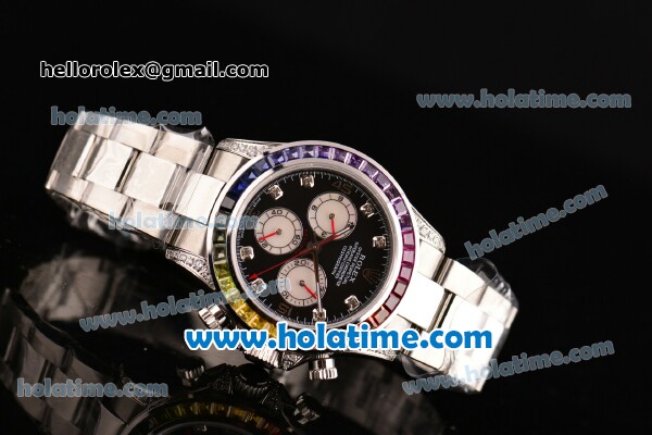 Rolex Daytona Rainbow Asia 3836 Automatic Steel Case/Strap with Colorful Diamond Bezel and Black Dial (BP) - Click Image to Close