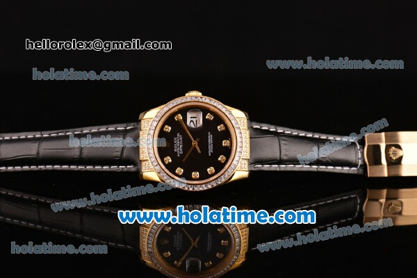 Rolex Datejust Asia Automatic Yellow Gold/Diamond Case with Black Leather Strap Diamond Bezel and Black Dial - Click Image to Close