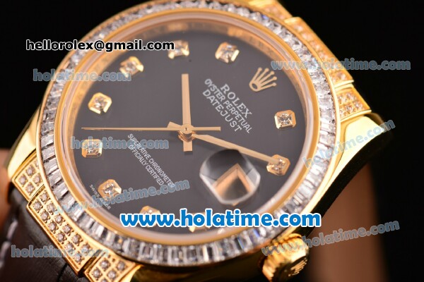 Rolex Datejust Asia Automatic Yellow Gold/Diamond Case with Black Leather Strap Diamond Bezel and Black Dial - Click Image to Close