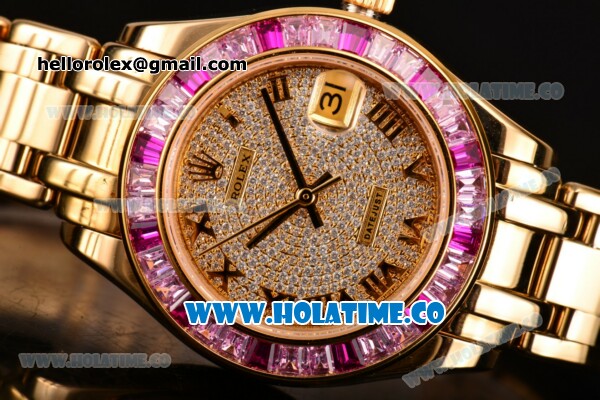 Rolex Datejust Pearlmaster Asia 2813 Automatic Yellow Gold Case/Bracelet with Pink Diamonds Bezel Roman Numeral Markers and Diamonds Dial (BP) - Click Image to Close