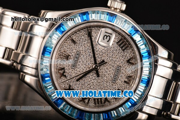 Rolex Datejust Pearlmaster Asia 2813 Automatic Steel Case/Bracelet with Blue Diamonds Bezel Roman Numeral Markers and Diamonds Dial (BP) - Click Image to Close