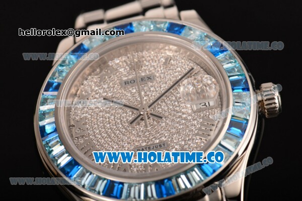Rolex Datejust Pearlmaster Asia 2813 Automatic Steel Case/Bracelet with Blue Diamonds Bezel Roman Numeral Markers and Diamonds Dial (BP) - Click Image to Close