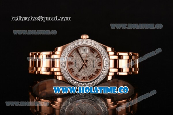 Rolex Datejust Pearlmaster Asia 2813 Automatic Rose Gold Case/Bracelet with Diamonds Bezel Roman Numeral Markers and Diamonds Dial (BP) - Click Image to Close