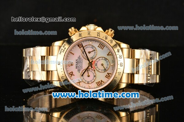 Rolex Daytona Chrono Swiss Valjoux 7750 Automatic Full Yellow Gold with Pink MOP Dial and Roman Numeral Markers - Click Image to Close