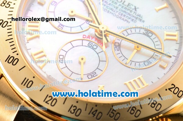 Rolex Daytona Chrono Swiss Valjoux 7750 Automatic Full Yellow Gold with Pink MOP Dial and Roman Numeral Markers - Click Image to Close