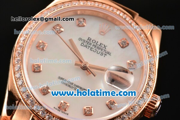 Rolex Datejust Swiss ETA 2836 Automatic Movement Rose Gold Case with MOP Dial-Diamond Markers and Diamond Bezel add Box - Click Image to Close