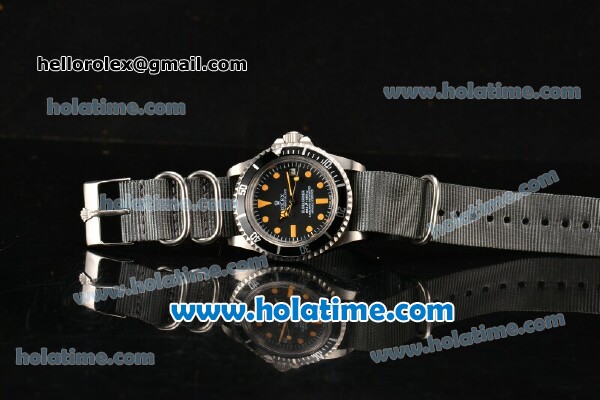 Rolex Submariner Vintage Asia 2813 Automatic Steel Case with Black Dial Yellow Markers and Grey Nylon Strap - Click Image to Close