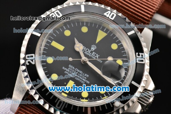 Rolex Sea-Dweller Vintage Asia 2813 Automatic Steel Case with Black Dial Yellow Markers and Brown Nylon Strap - Click Image to Close