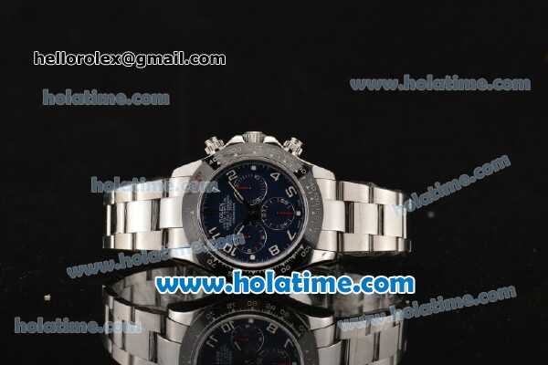 Rolex Daytona Chrono Swiss Valjoux 7750 Automatic Steel Case with Black Bezel Blue Dial and Arabic Numeral Markers - Click Image to Close