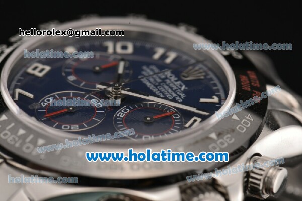 Rolex Daytona Chrono Swiss Valjoux 7750 Automatic Steel Case with Black Bezel Blue Dial and Arabic Numeral Markers - Click Image to Close