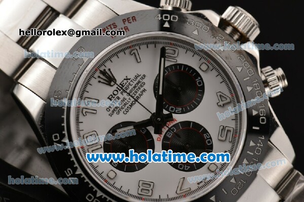 Rolex Daytona Chrono Swiss Valjoux 7750 Automatic Steel Case with Black Bezel White Dial and Arabic Numeral Markers - Click Image to Close