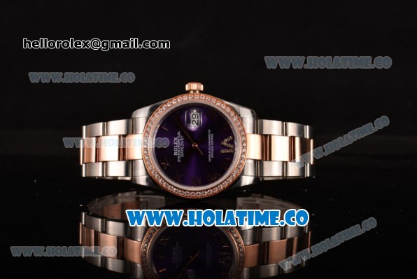 Rolex Datejust Asia 2813 Automatic Rose Gold/Steel Case with Purple Dial Diamonds Bezel and Roman Numeral Markers (BP) - Click Image to Close