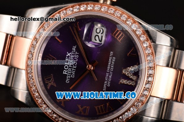 Rolex Datejust Asia 2813 Automatic Rose Gold/Steel Case with Purple Dial Diamonds Bezel and Roman Numeral Markers (BP) - Click Image to Close