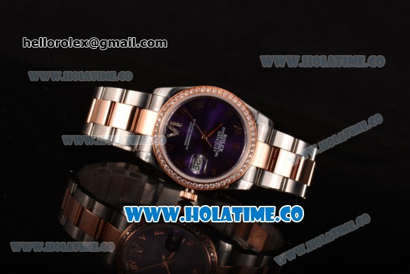 Rolex Datejust Asia 2813 Automatic Rose Gold/Steel Case with Purple Dial Diamonds Bezel and Roman Numeral Markers (BP) - Click Image to Close