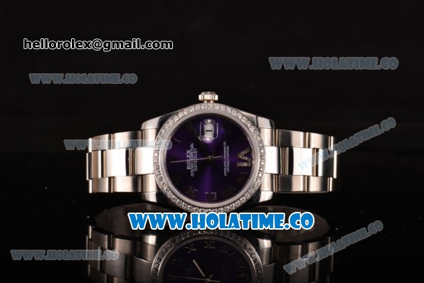 Rolex Datejust Asia 2813 Automatic Steel Case with Purple Dial Diamonds Bezel and Roman Numeral Markers (BP) - Click Image to Close