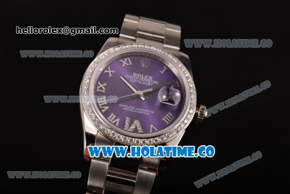 Rolex Datejust Asia 2813 Automatic Steel Case with Purple Dial Diamonds Bezel and Roman Numeral Markers (BP) - Click Image to Close