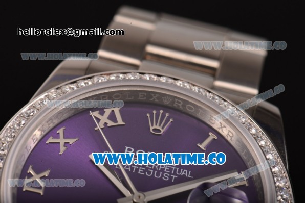 Rolex Datejust Asia 2813 Automatic Steel Case with Purple Dial Diamonds Bezel and Roman Numeral Markers (BP) - Click Image to Close