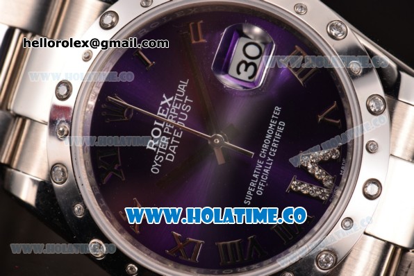 Rolex Datejust Asia 2813 Automatic Steel Case with Purple Dial Roman Numeral Markers and Diamonds Bezel (BP) - Click Image to Close