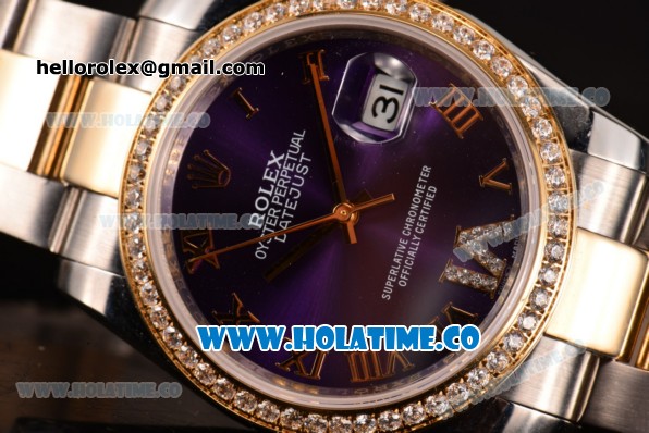 Rolex Datejust Asia 2813 Automatic Yellow Gold/Steel Case with Purple Dial Roman Numeral Markers and Diamonds Bezel (BP) - Click Image to Close