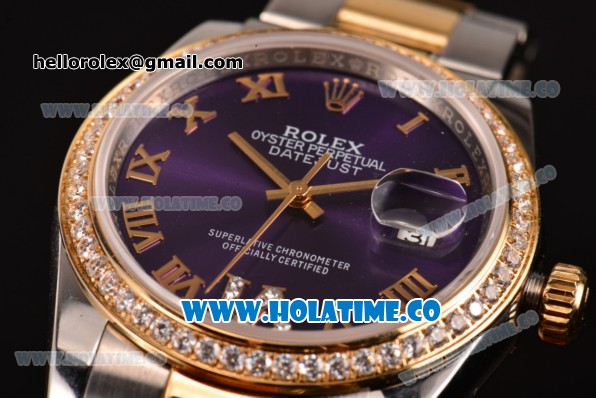 Rolex Datejust Asia 2813 Automatic Yellow Gold/Steel Case with Purple Dial Roman Numeral Markers and Diamonds Bezel (BP) - Click Image to Close
