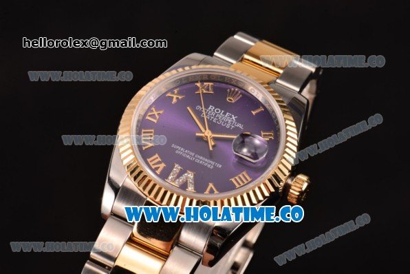 Rolex Datejust Asia 2813 Automatic Yellow Gold/Steel Case with Purple Dial Roman Numeral Markers and Gold Bezel (BP) - Click Image to Close