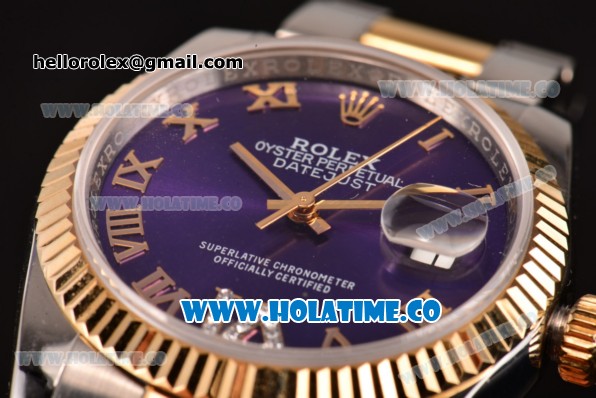 Rolex Datejust Asia 2813 Automatic Yellow Gold/Steel Case with Purple Dial Roman Numeral Markers and Gold Bezel (BP) - Click Image to Close