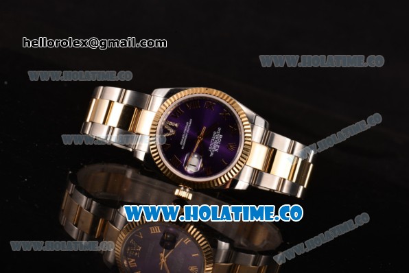 Rolex Datejust Asia 2813 Automatic Yellow Gold/Steel Case with Purple Dial Roman Numeral Markers and Gold Bezel (BP) - Click Image to Close