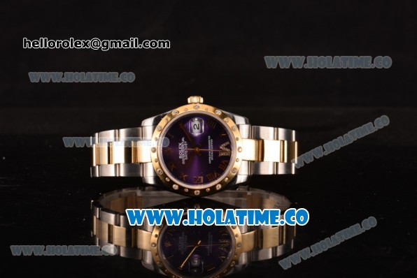 Rolex Datejust Asia 2813 Automatic Yellow Gold/Steel Case with Purple Dial Diamonds Bezel and Roman Numeral Markers (BP) - Click Image to Close