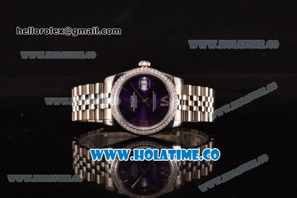 Rolex Datejust Asia 2813 Automatic Steel Case with Diamonds Bezel Purple Dial and Roman Numeral Markers (BP) - Click Image to Close