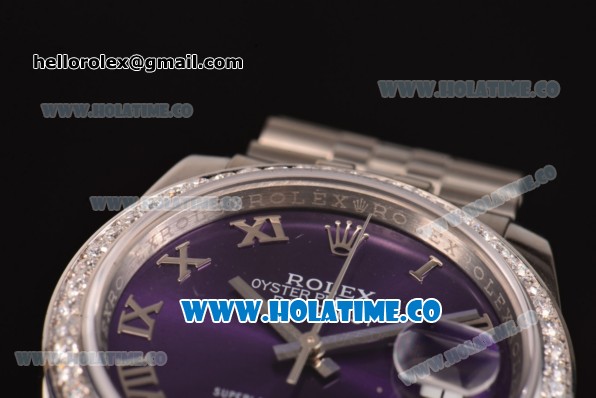 Rolex Datejust Asia 2813 Automatic Steel Case with Diamonds Bezel Purple Dial and Roman Numeral Markers (BP) - Click Image to Close