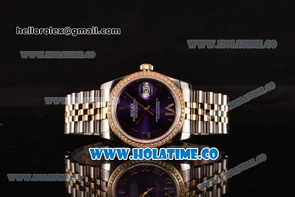 Rolex Datejust Asia 2813 Automatic Two Tone Case with Purple Dial Diamonds Bezel and Roman Numeral Markers (BP) - Click Image to Close