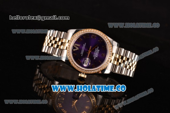 Rolex Datejust Asia 2813 Automatic Two Tone Case with Purple Dial Diamonds Bezel and Roman Numeral Markers (BP) - Click Image to Close
