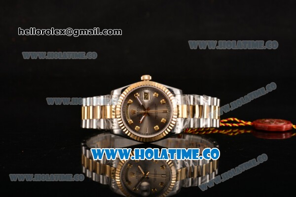 Rolex Day-Date Swiss ETA 2836 Automatic Two Tone with Gray Dial and Diamonds Markers - Click Image to Close