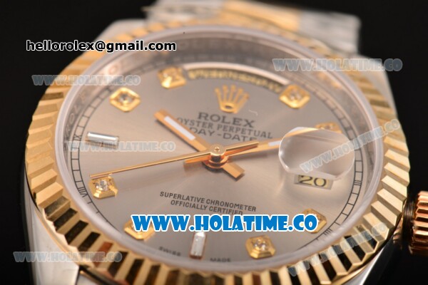 Rolex Day-Date Swiss ETA 2836 Automatic Two Tone with Gray Dial and Diamonds Markers - Click Image to Close