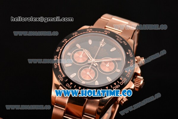 Rolex Daytona Chrono Swiss Valjoux 7750 Automatic Rose Gold Case with Ceramic Bezel Black Dial and Stick Markers (BP) - Click Image to Close