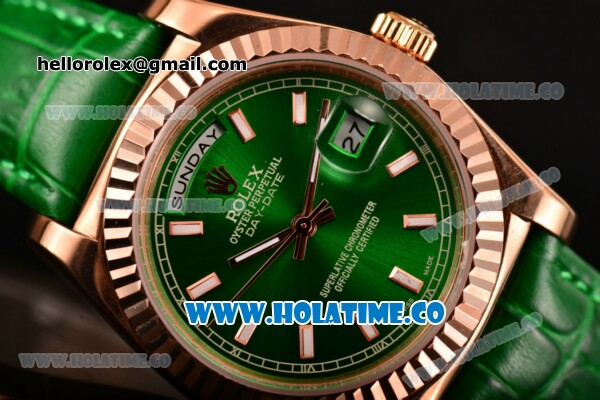 Rolex Day-Date Asia 2813 Automatic Rose Gold Case with Green Dial Stick Markers and Green Leather Strap - Click Image to Close