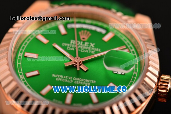 Rolex Day-Date Asia 2813 Automatic Rose Gold Case with Green Dial Stick Markers and Green Leather Strap - Click Image to Close