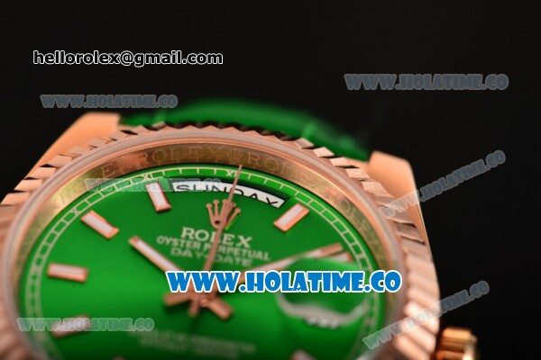 Rolex Day-Date Asia 2813 Automatic Rose Gold Case with Green Dial Stick Markers and Green Leather Strap - Click Image to Close